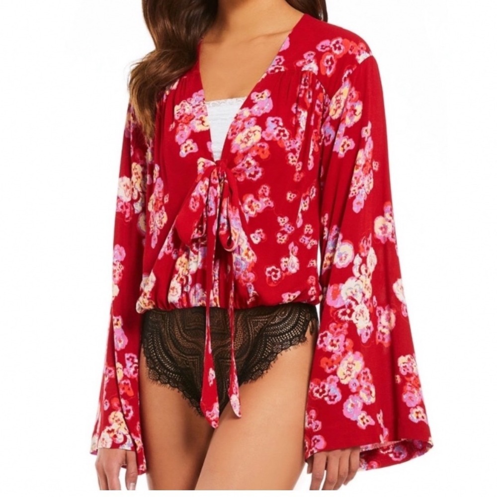 Free People Womens Boho‎ Floral Dramatic Sleeve Lace Bodysuit Size XS Whimsigoth